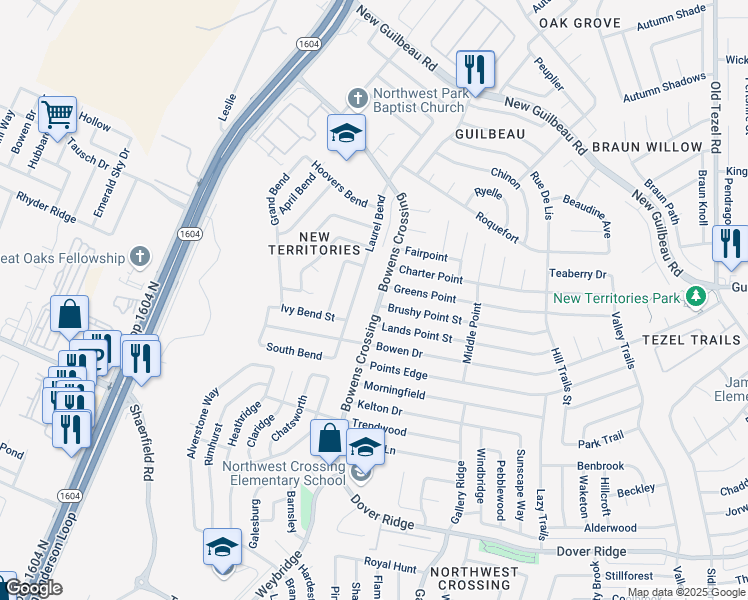 map of restaurants, bars, coffee shops, grocery stores, and more near 8203 Bowens Crossing in San Antonio