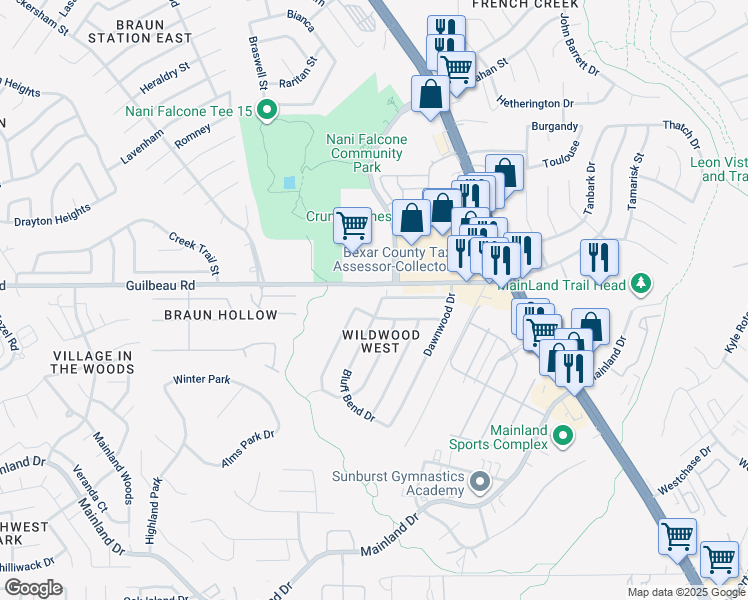 map of restaurants, bars, coffee shops, grocery stores, and more near 8411 Bluff Bend Drive in San Antonio