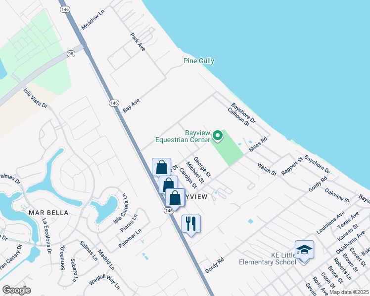 map of restaurants, bars, coffee shops, grocery stores, and more near 2910 George St in Bacliff