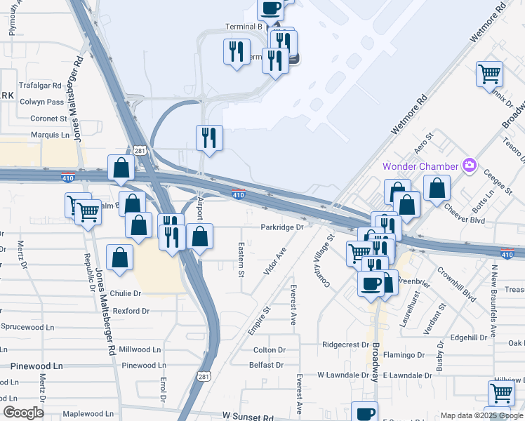 map of restaurants, bars, coffee shops, grocery stores, and more near 330 Northeast Interstate 410 Loop in San Antonio