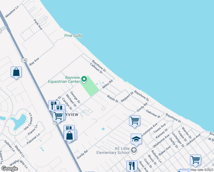 map of restaurants, bars, coffee shops, grocery stores, and more near 215 Miles Road in Bacliff