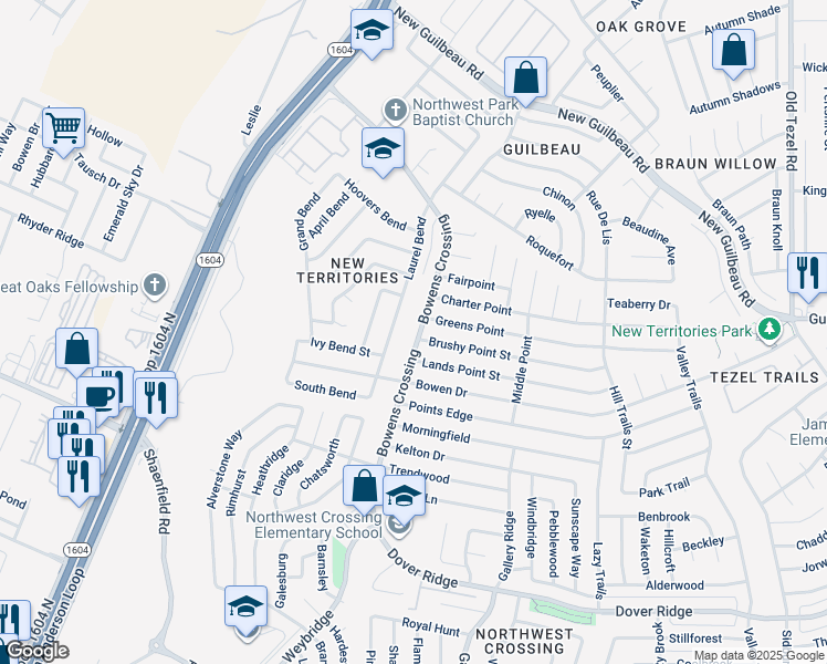 map of restaurants, bars, coffee shops, grocery stores, and more near 8203 Bowens Crossing in San Antonio