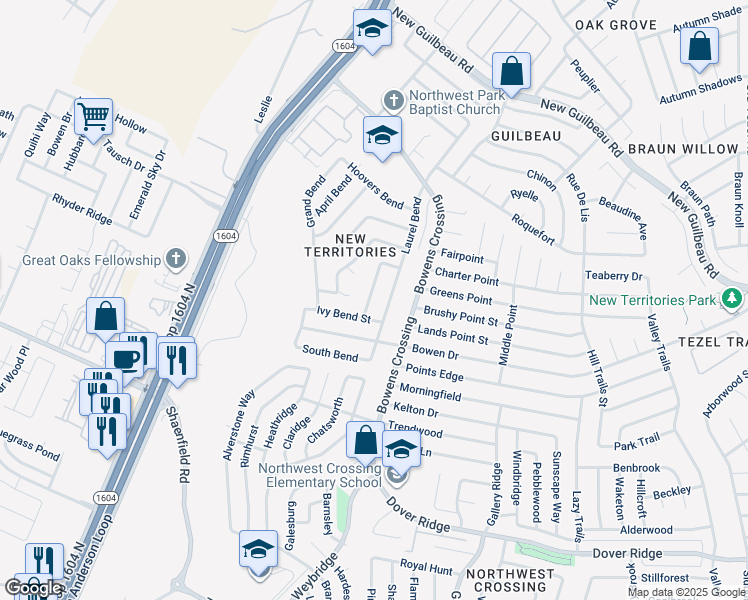 map of restaurants, bars, coffee shops, grocery stores, and more near 8012 Orchard Bend Street in San Antonio