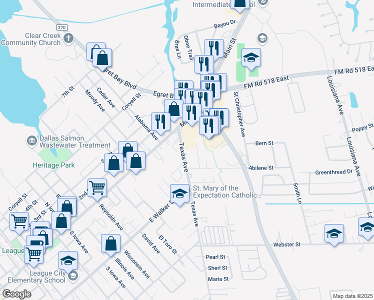 map of restaurants, bars, coffee shops, grocery stores, and more near 114 Texas Avenue in League City