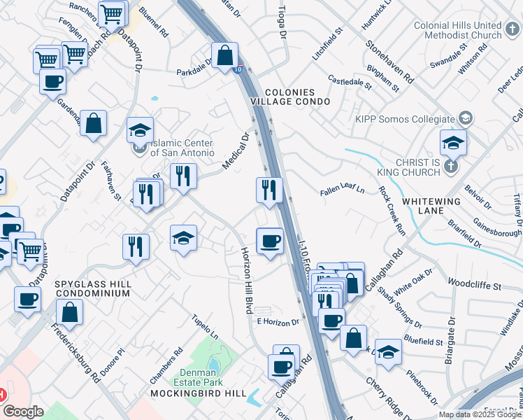 map of restaurants, bars, coffee shops, grocery stores, and more near 8402 Fountain Circle in San Antonio