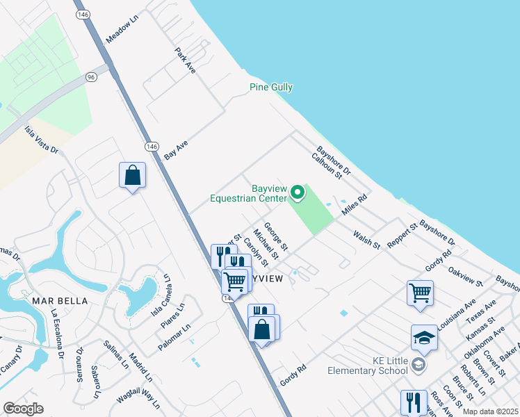 map of restaurants, bars, coffee shops, grocery stores, and more near 2910 George Street in Bacliff