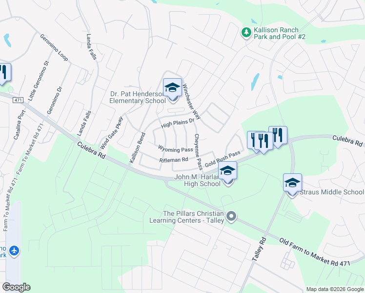 map of restaurants, bars, coffee shops, grocery stores, and more near 14607 Wyoming Pass in San Antonio