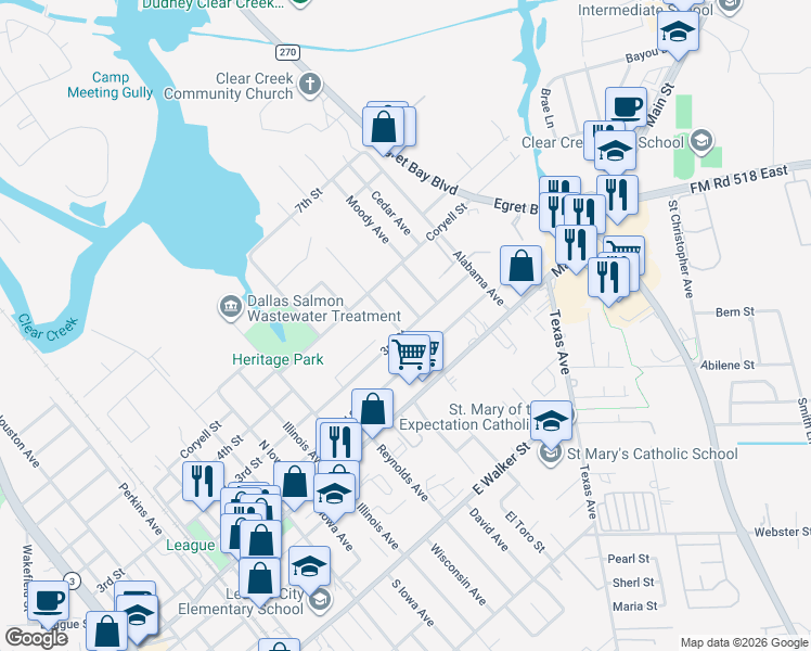 map of restaurants, bars, coffee shops, grocery stores, and more near 305 Tiegs Street in League City