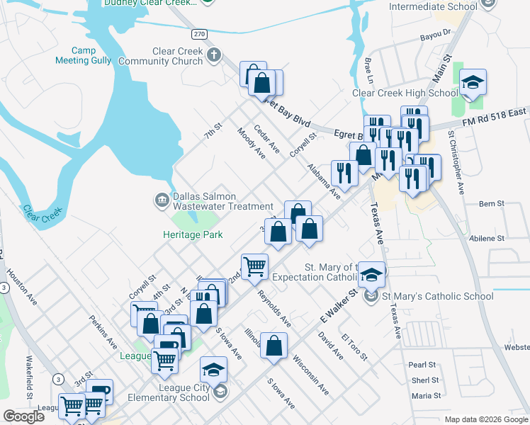 map of restaurants, bars, coffee shops, grocery stores, and more near 305 Tiegs Street in League City