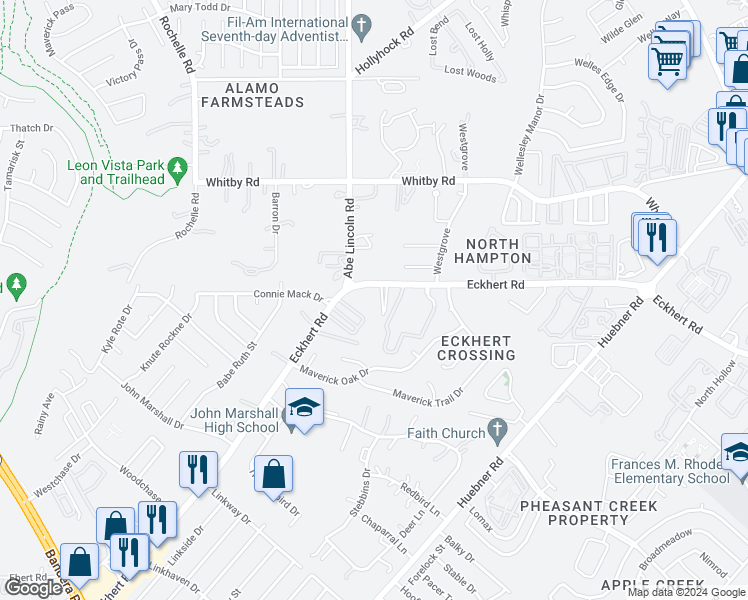map of restaurants, bars, coffee shops, grocery stores, and more near 6538 Eckhert Road in San Antonio