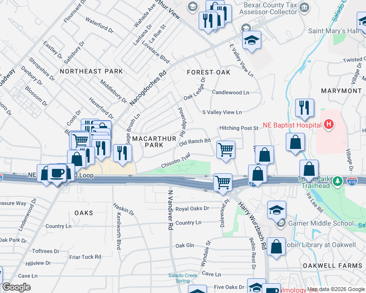 map of restaurants, bars, coffee shops, grocery stores, and more near 2830 Old Ranch Road in San Antonio