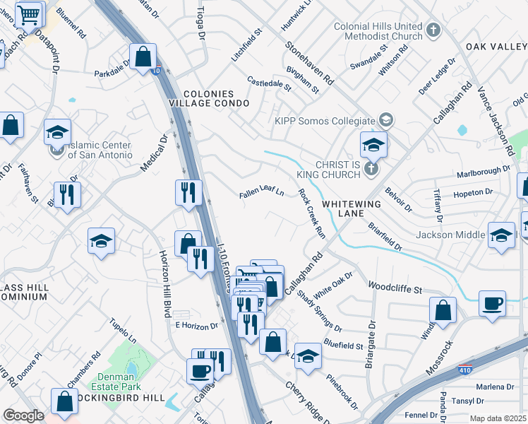 map of restaurants, bars, coffee shops, grocery stores, and more near 7515 Deer Haven Drive in San Antonio
