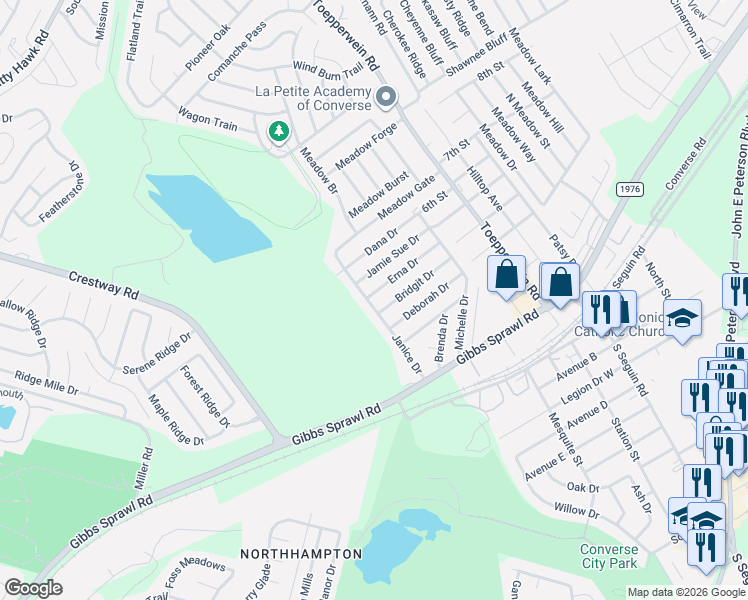 map of restaurants, bars, coffee shops, grocery stores, and more near 540 Erna Drive in Converse