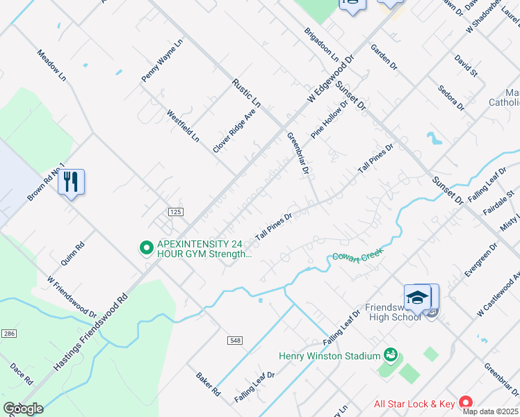 map of restaurants, bars, coffee shops, grocery stores, and more near 1102 Tall Pines Drive in Friendswood
