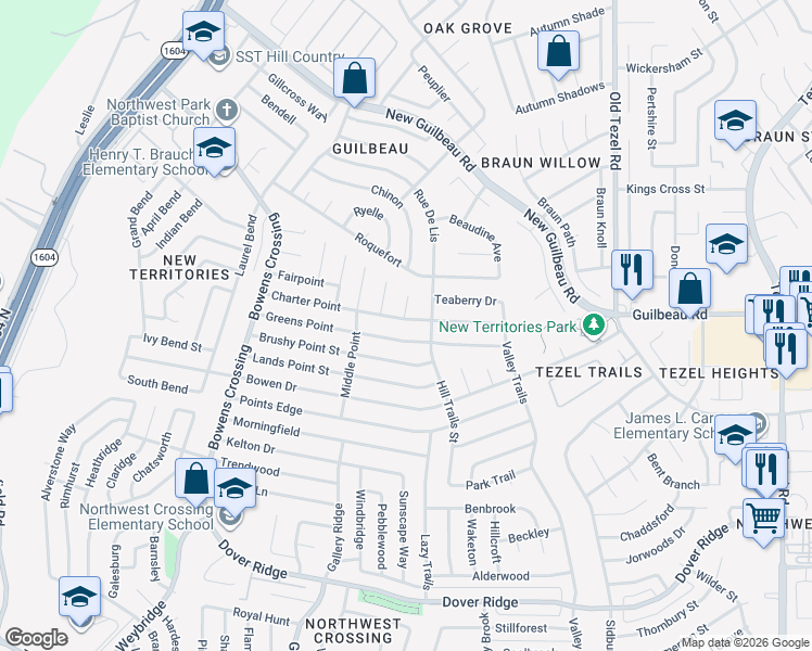 map of restaurants, bars, coffee shops, grocery stores, and more near 9320 Charter Point in San Antonio