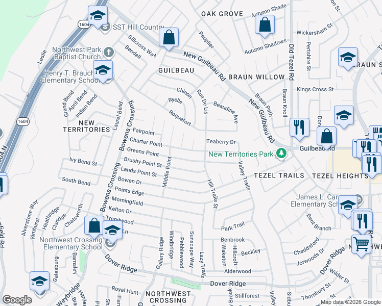 map of restaurants, bars, coffee shops, grocery stores, and more near 9320 Charter Point in San Antonio