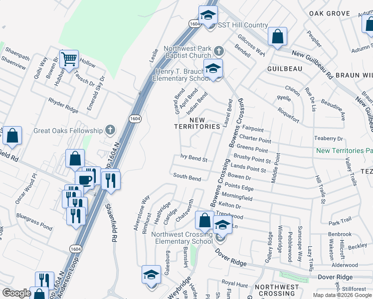 map of restaurants, bars, coffee shops, grocery stores, and more near 9608 Hollow Bend in San Antonio