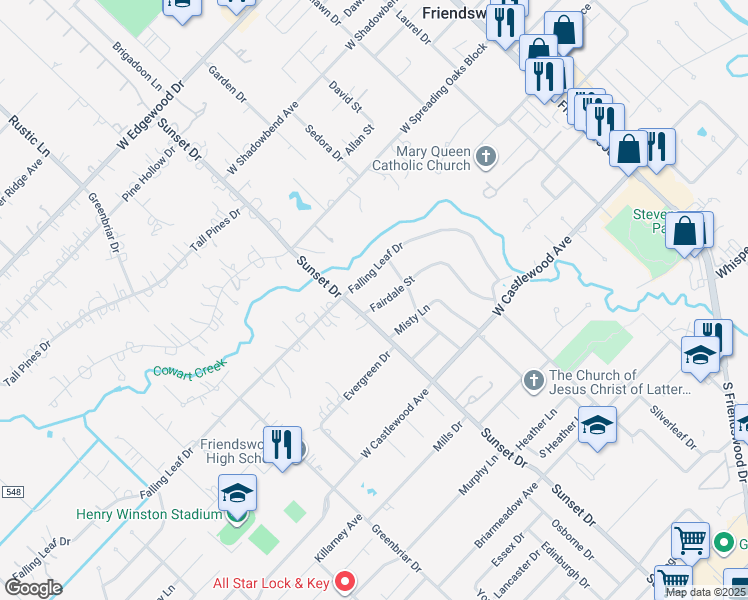 map of restaurants, bars, coffee shops, grocery stores, and more near 608 Fairdale Street in Friendswood