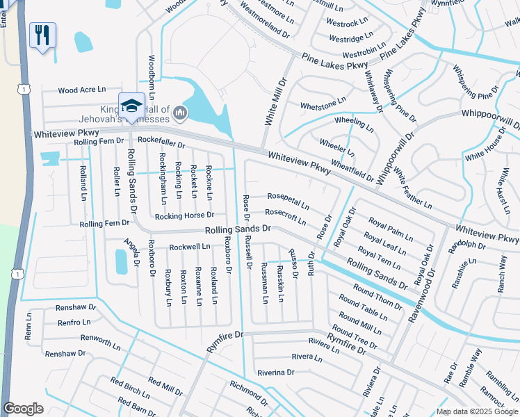 map of restaurants, bars, coffee shops, grocery stores, and more near 1 Rosecroft Lane in Palm Coast