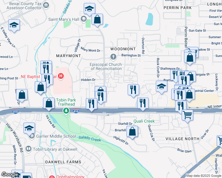map of restaurants, bars, coffee shops, grocery stores, and more near 8623 Starcrest Drive in San Antonio