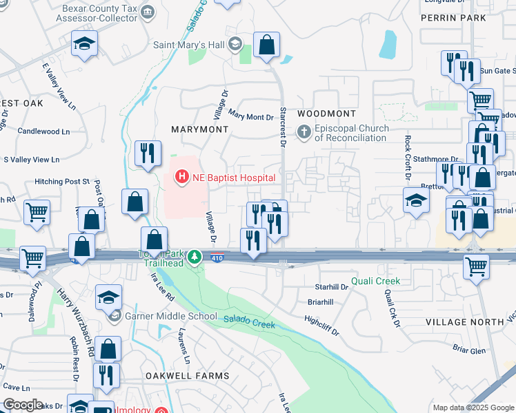 map of restaurants, bars, coffee shops, grocery stores, and more near 3678 Hidden Drive in San Antonio