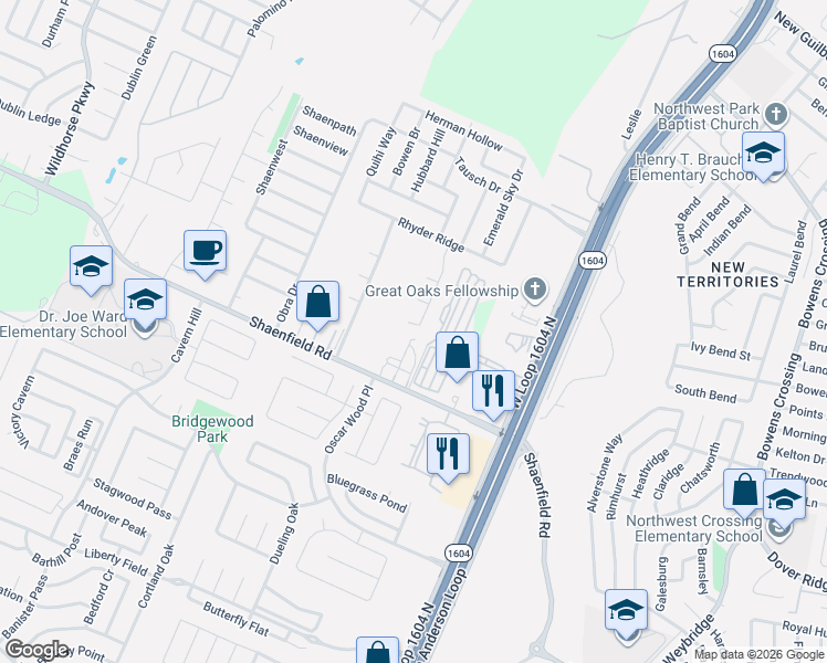 map of restaurants, bars, coffee shops, grocery stores, and more near 10410 Turnpike Turn in San Antonio