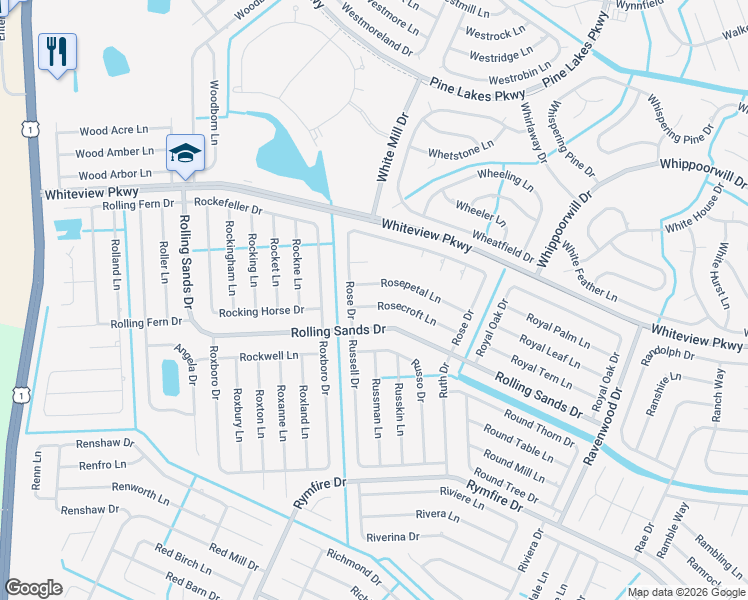 map of restaurants, bars, coffee shops, grocery stores, and more near 7 Rosecroft Lane in Palm Coast