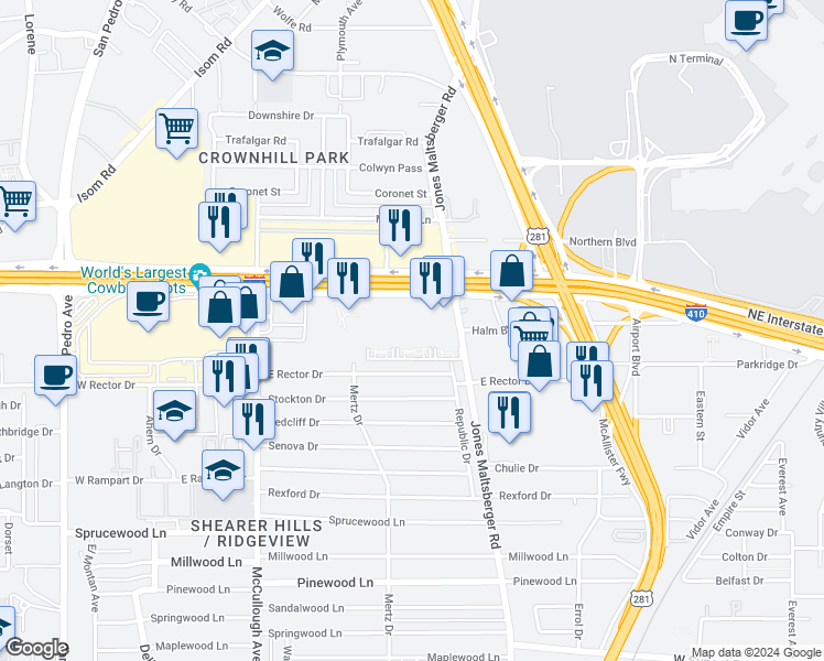 map of restaurants, bars, coffee shops, grocery stores, and more near 84 Northeast Interstate 410 Loop in San Antonio