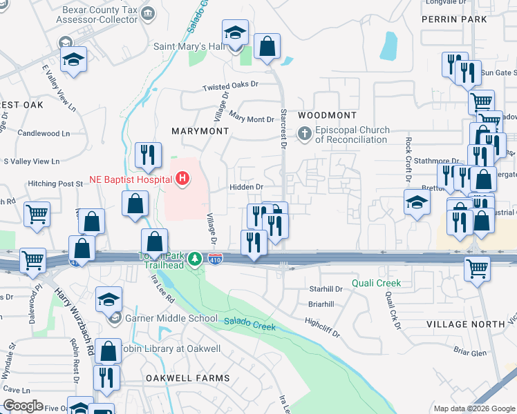 map of restaurants, bars, coffee shops, grocery stores, and more near 3678 Hidden Drive in San Antonio