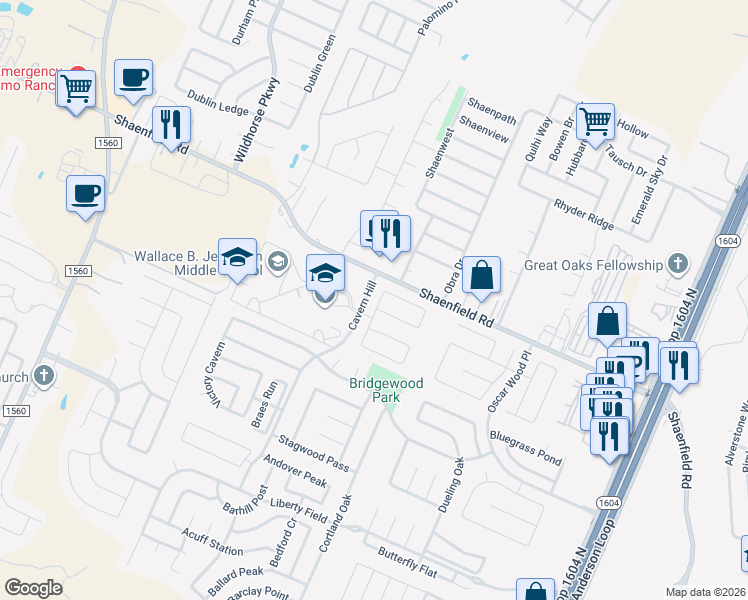map of restaurants, bars, coffee shops, grocery stores, and more near 10839 Larson Cavern in San Antonio