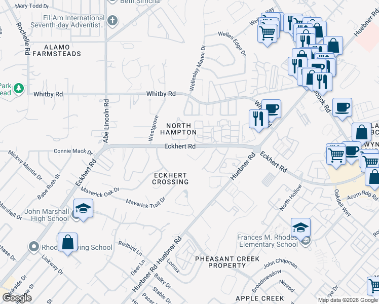 map of restaurants, bars, coffee shops, grocery stores, and more near 6149 Border Trail Drive in San Antonio