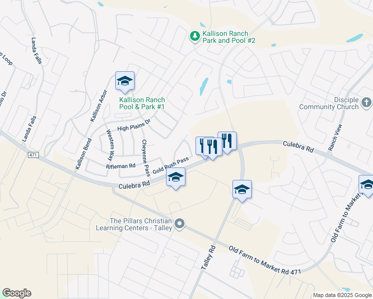 map of restaurants, bars, coffee shops, grocery stores, and more near 14321 Gold Rush Pass in San Antonio