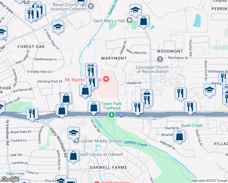 map of restaurants, bars, coffee shops, grocery stores, and more near 8715 Village Drive in San Antonio