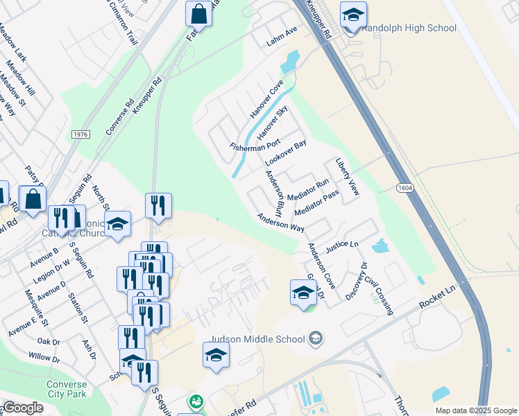 map of restaurants, bars, coffee shops, grocery stores, and more near 9503 Anderson Way in Converse