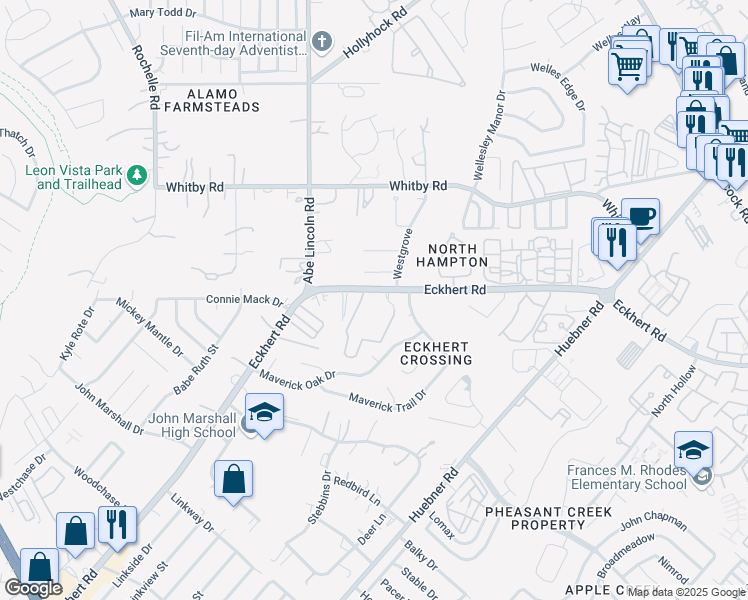 map of restaurants, bars, coffee shops, grocery stores, and more near 6418 Eckhert Road in San Antonio