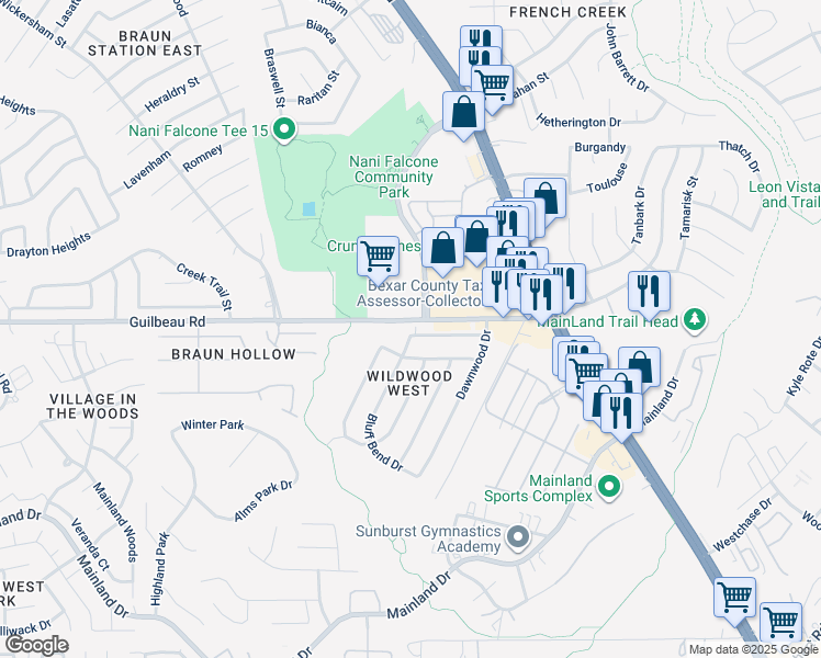 map of restaurants, bars, coffee shops, grocery stores, and more near 8411 Bluff Bend Drive in San Antonio