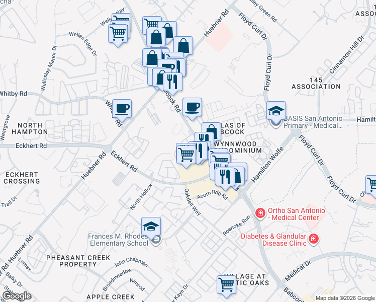 map of restaurants, bars, coffee shops, grocery stores, and more near 5600 Babcock Road in San Antonio