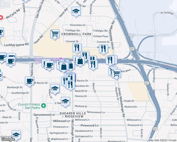 map of restaurants, bars, coffee shops, grocery stores, and more near 70 Northeast Interstate 410 Loop in San Antonio