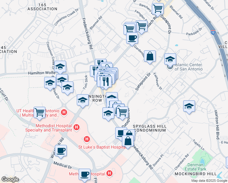map of restaurants, bars, coffee shops, grocery stores, and more near 8585 Marriott Drive in San Antonio