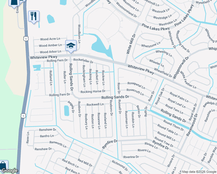 map of restaurants, bars, coffee shops, grocery stores, and more near 66 Rockefeller Drive in Palm Coast