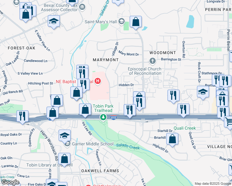 map of restaurants, bars, coffee shops, grocery stores, and more near 8702 Village Drive in San Antonio