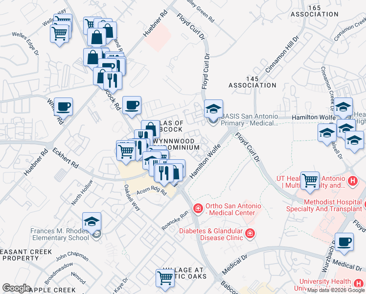 map of restaurants, bars, coffee shops, grocery stores, and more near 72 Chapel Hill Circle in San Antonio