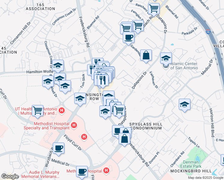 map of restaurants, bars, coffee shops, grocery stores, and more near 8585 Marriott Drive in San Antonio