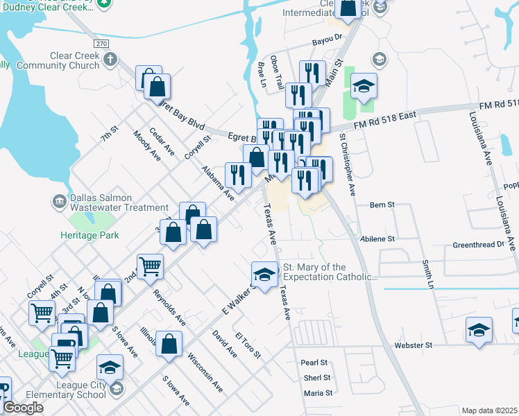 map of restaurants, bars, coffee shops, grocery stores, and more near 115 Texas Avenue in League City