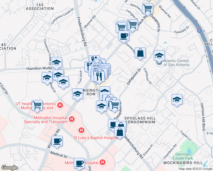 map of restaurants, bars, coffee shops, grocery stores, and more near 8585 Marriott Drive in San Antonio