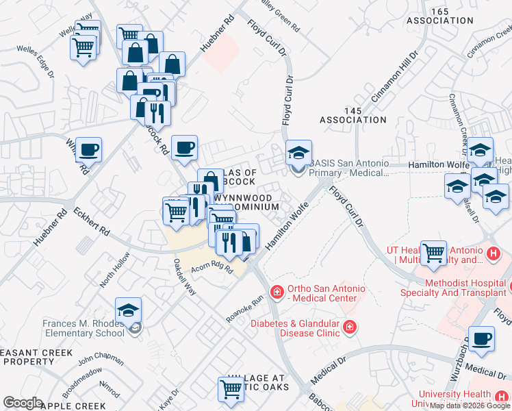 map of restaurants, bars, coffee shops, grocery stores, and more near 72 Chapel Hill Circle in San Antonio