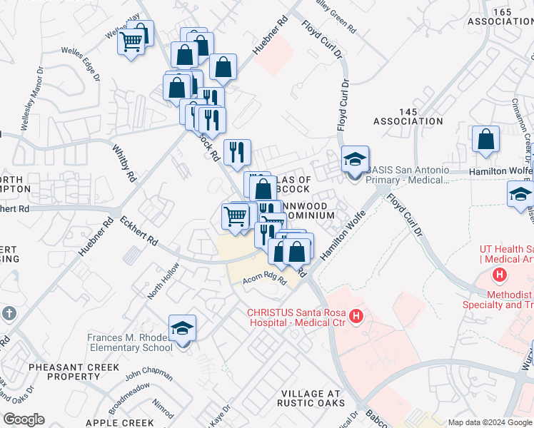 map of restaurants, bars, coffee shops, grocery stores, and more near 62 Chapel Hill Circle in San Antonio