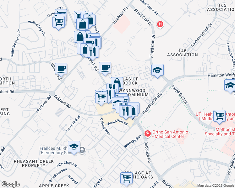 map of restaurants, bars, coffee shops, grocery stores, and more near 62 Chapel Hill Circle in San Antonio