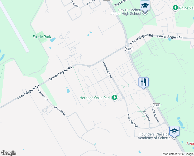 map of restaurants, bars, coffee shops, grocery stores, and more near 3044 Muntjac in Schertz