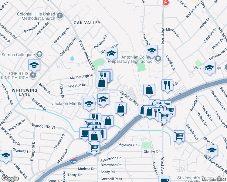 map of restaurants, bars, coffee shops, grocery stores, and more near 4 Jackson Keller Road in San Antonio
